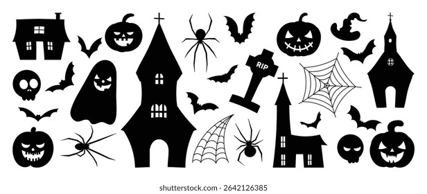 Happy Halloween silhouette element vector set. Collection of ghost, spirit, castle, grave, pumpkin, spider, cobweb, skull, bat. Isolated icon holidays for festival, sticker, card, decorative.