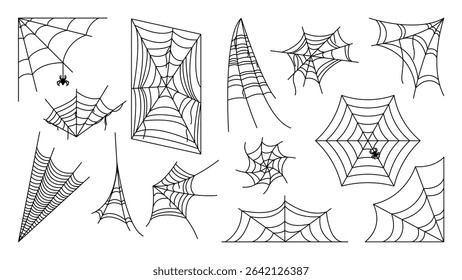 Happy Halloween silhouette element vector set. Collection of spider web, cobwebs. Hand drawn outline illustration Isolated icon holidays for festival, sticker, card, decorative.