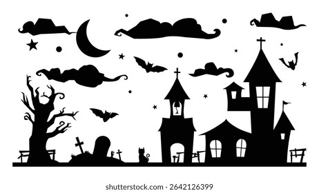 Happy Halloween silhouette element vector set. Collection of castle, grave, tree, bat, cloud, moon. Halloween decor Isolated icon holidays for festival, sticker, card, decorative.