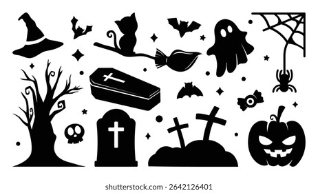 Happy Halloween silhouette element vector set. Collection of ghost, spirit, coffin, grave, pumpkin, spider, cobweb, skull, bat. Isolated icon holidays for festival, sticker, card, decorative.