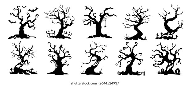 Happy Halloween silhouette element vector set. Collection of tree, spider, grave, bat, cobweb. Halloween decoration Isolated icon holidays for festival, sticker, card, decorative.