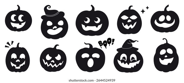 Happy Halloween silhouette element vector set. Collection of pumpkin, Jack-O-Lantern in different spooky faces. Halloween decoration Isolated icon holidays for festival, sticker, card, decorative.