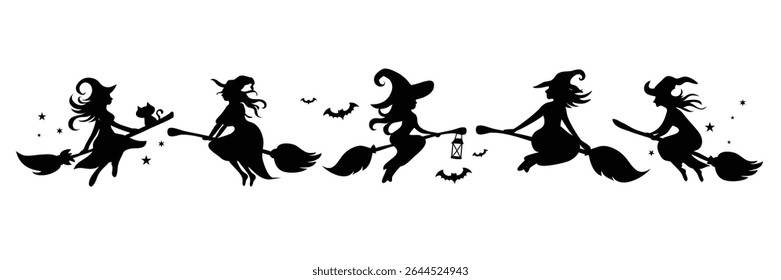 Happy Halloween silhouette element vector set. Collection of witch, broom, bat, cat, star. Halloween decoration Isolated icon holidays for festival, sticker, card, decorative.