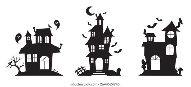 Happy Halloween silhouette element vector set. Collection of castle, house, ghost, bat, moon, grave. Halloween decoration Isolated icon holidays for festival, sticker, card, decorative.