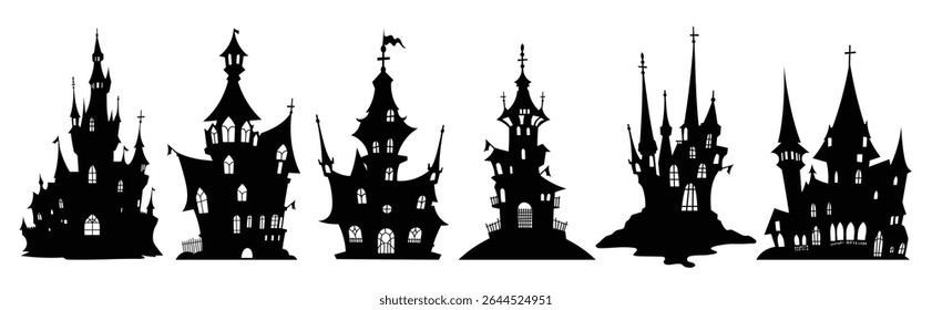 Happy Halloween silhouette element vector set. Collection of castle, haunted houses. Halloween decoration Isolated icon holidays for festival, sticker, card, decorative.