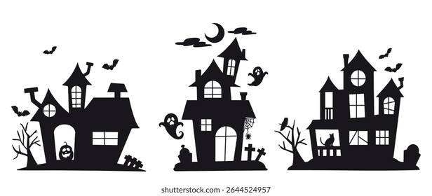 Happy Halloween silhouette element vector set. Collection of castle, house, ghost, bat, moon, grave. Halloween decoration Isolated icon holidays for festival, sticker, card, decorative.