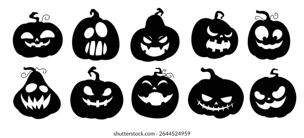 Happy Halloween silhouette element vector set. Collection of pumpkin, Jack-O-Lantern in different spooky faces. Halloween decoration Isolated icon holidays for festival, sticker, card, decorative.
