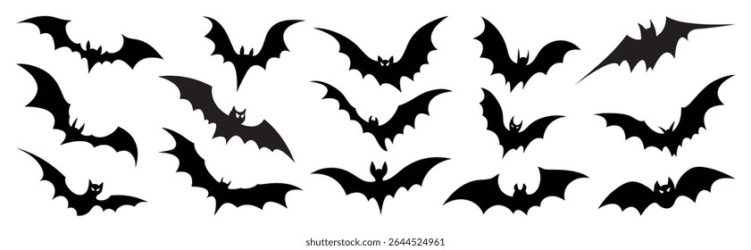 Happy Halloween silhouette element vector set. Collection of spooky bat flying. Halloween decoration Isolated icon holidays for festival, sticker, card, decorative.