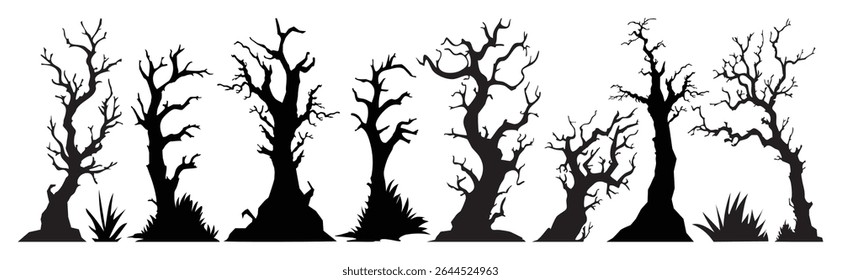 Happy Halloween silhouette element vector set. Collection of tree, grass. Halloween decoration Isolated icon holidays for festival, sticker, card, decorative.