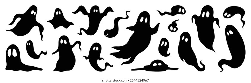 Feliz Halloween silhueta elemento vetor conjunto. Coleção de fantasma, espírito. Decoração de Halloween Icone isolado feriados para festival, adesivo, cartão, decorativo.