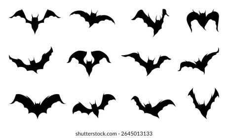Happy Halloween silhouette element vector set. Collection of spooky bat flying. Halloween decoration Isolated icon holidays for festival, sticker, card, decorative.