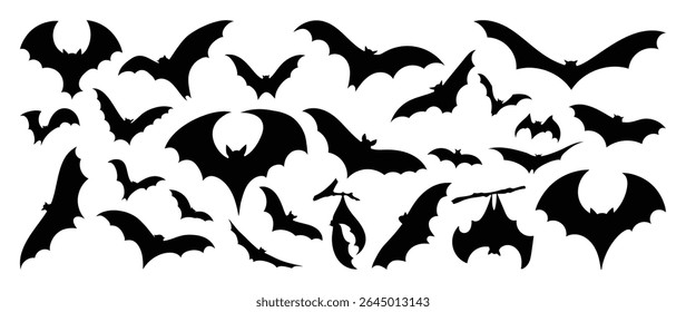 Happy Halloween silhouette element vector set. Collection of spooky bat flying. Halloween decoration Isolated icon holidays for festival, sticker, card, decorative.