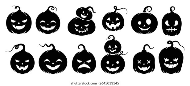Happy Halloween silhouette element vector set. Collection of pumpkin, Jack-O-Lantern in different spooky faces. Halloween decoration Isolated icon holidays for festival, sticker, card, decorative.