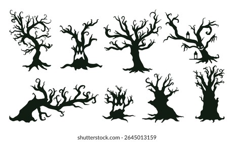 Happy Halloween silhouette element vector set. Collection of tree different. Halloween decoration Isolated icon holidays for festival, sticker, card, decorative.