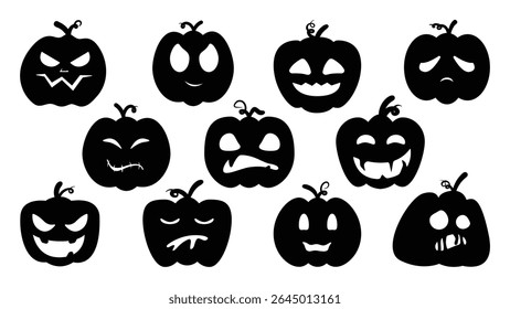 Happy Halloween silhouette element vector set. Collection of pumpkin, Jack-O-Lantern in different spooky faces. Halloween decoration Isolated icon holidays for festival, sticker, card, decorative.