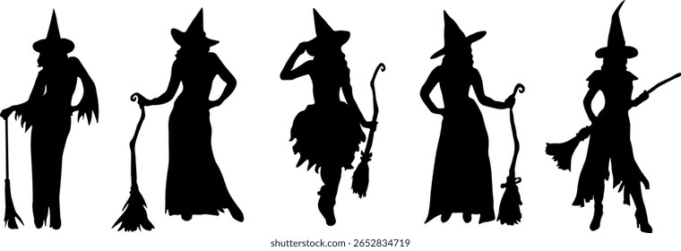 Feliz Halloween silhueta elemento vetor conjunto. Coleção de bruxas com vassouras. Decorações de Halloween ícone de férias isolado para o festival, adesivos, cartões, decorativo.