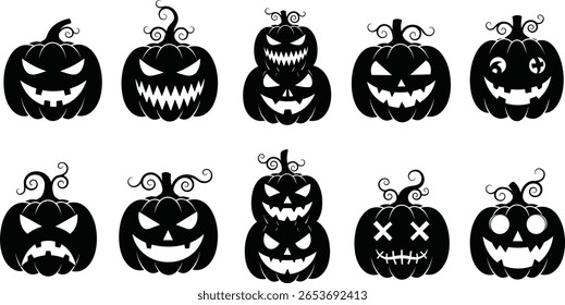 Happy Halloween silhouette element vector set. Collection of pumpkin, Jack-O-Lantern in different spooky faces.