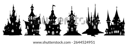 Happy Halloween silhouette element vector set. Collection of castle, haunted houses. Halloween decoration Isolated icon holidays for festival, sticker, card, decorative.