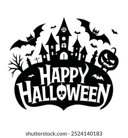Happy Halloween silhouette typography logo white background