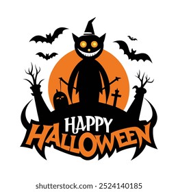 Happy Halloween silhouette typography logo white background