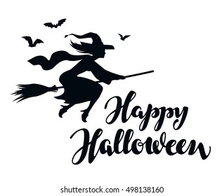 Happy Halloween. Silhouette young witch flying on broomstick