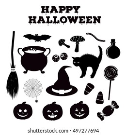 Happy Halloween silhouettes collection of related holiday objects. Black and white icons set. Pumpkin, broom, cauldron with potion, hat and other traditional witches attributes. Vector illustration