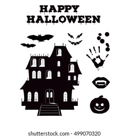 Happy Halloween silhouettes collection of related holiday objects. Black and white icons set. Pumpkin, haunted house, bat and other traditional attributes. Vector illustration