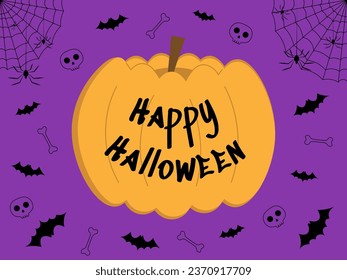 Happy Halloween simple funny banner with pumpkin, spiders, bats, skulls and bones. Halloween congratulation card. Vector illustration.