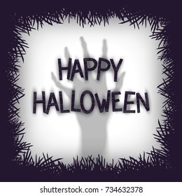 Happy Halloween. Simple horror design background with stylized lettering and zombie hand. Vector Modern Art