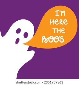 Feliz Halloween. Sencilla postal con fantasma blanco y burbuja de habla sobre fondo morado. Tarjeta de felicitación. Cita aquí los Boos . Diseño plano. Ilustración del vector