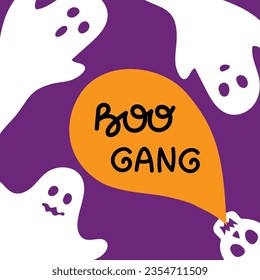 Happy Halloween. Simple postcard with white ghosts and speech bubble on purple background. Greeting card. Quote boo gang. Flat design. Vector illustration