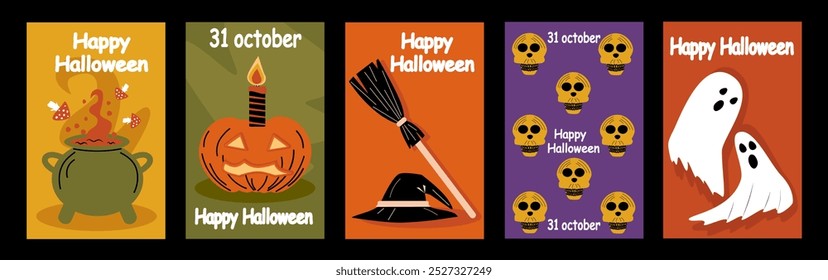 Happy Halloween. Simple vertical poster set. Minimalist, geometric, background pattern, icon. October 31. For poster, media, flyer, banner, cover or postcard.