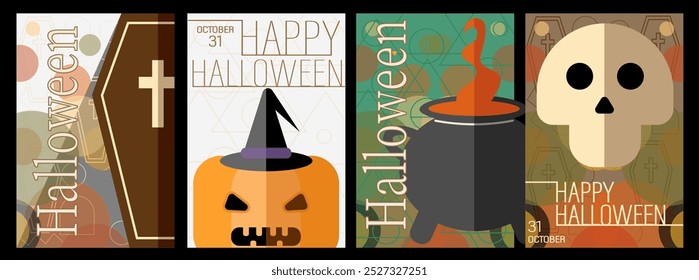 Happy Halloween. Simple vertical poster set. Minimalist, geometric, background pattern, icon. October 31. For poster, media, flyer, banner, cover or postcard.