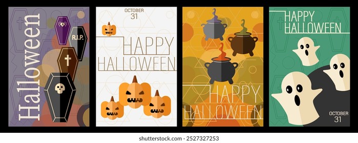 Happy Halloween. Simple vertical poster set. Minimalist, geometric, background pattern, icon. October 31. For poster, media, flyer, banner, cover or postcard.