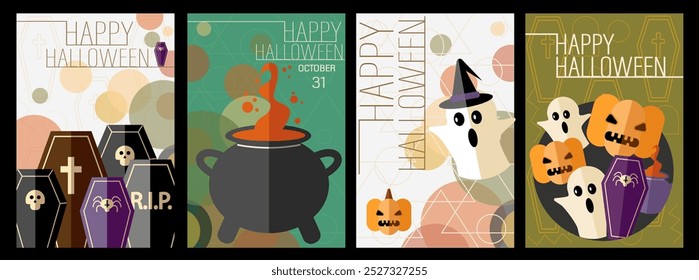 Happy Halloween. Simple vertical poster set. Minimalist, geometric, background pattern, icon. October 31. For poster, media, flyer, banner, cover or postcard.