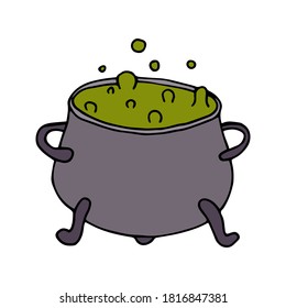 Happy Halloween. Single cauldron of poisonous potion with bubbles icon . Hand drawn vector illustration in doodle style outline drawing isolated on white background.