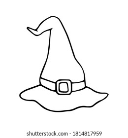 Happy Halloween. Single witch hat icon . Hand drawn vector illustration in doodle style outline drawing isolated on white background.