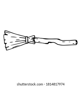 Happy Halloween. Single witch's broom icon . Hand drawn vector illustration in doodle style outline drawing isolated on white background.