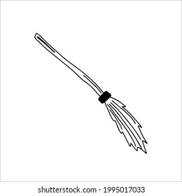 Happy Halloween. Single witch's broom icon . Hand drawn vector illustration in doodle style outline drawing isolated on white background.