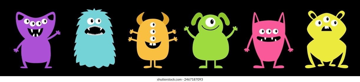 Happy Halloween. Six colorful silhouette monsters. Cute kawaii cartoon funny boo character. Monster set line. Different face. Teeth, eyes, hands. Childish style. Flat design. Black background. Vector