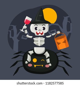 Happy Halloween. Happy  skeleton character illustration with spider on scary background, cute cartoon vector