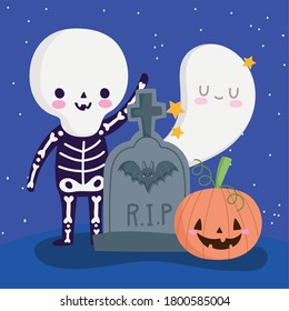 happy halloween, skeleton costume pumpkin ghost and gravestone trick or treat party celebration vector illustration