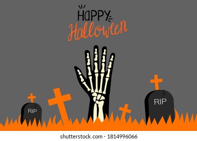 Feliz esqueleto de Halloween mano desde el suelo en la ilustración de la tumba para pancarta, afiche, tarjeta de saludo, postal o tarjeta de invitación