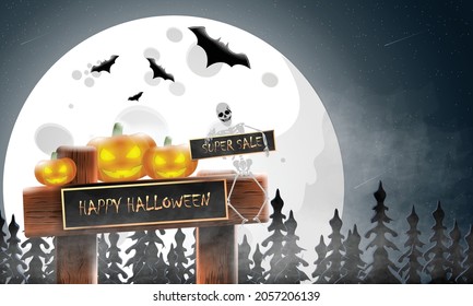 Happy Halloween, a skeleton holding an inscription in his hands "super sale" sitting on a board in the night forest with sinister pumpkins, vector illustration for your design