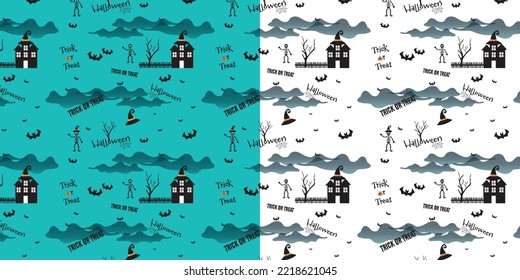 Happy Halloween skeleton horror house clouds pumpkin tree bat. White turquoise seamless background. Vector pattern with cute ghosts bones illustration. Spooky repeat isolated cartoon illustration