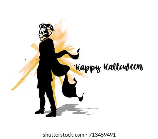 Happy halloween skeleton icon, devil covered in over coat, celebration, festival, youth, horror symbols, night, white background, vector illustration