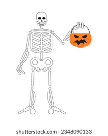 Happy halloween skeleton monochrome concept vector spot illustration. Helloween candy bucket 2D flat bw cartoon character for web UI design. Skeleton trick isolated editable hand drawn hero image