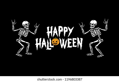HAPPY HALLOWEEN SKELETONS TEXT BANNER BLACK BACKGROUND