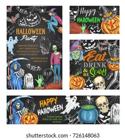 Happy Halloween sketch banner on chalkboard. Scary ghost and Halloween pumpkin in witch hat, horror skull and death skeleton, spider, bat, cemetery grave and zombie for holiday greeting card design.