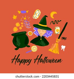 Happy Halloween Sketch Postcard. Vector Illustration of Mystery and Witch Greeting Cards.